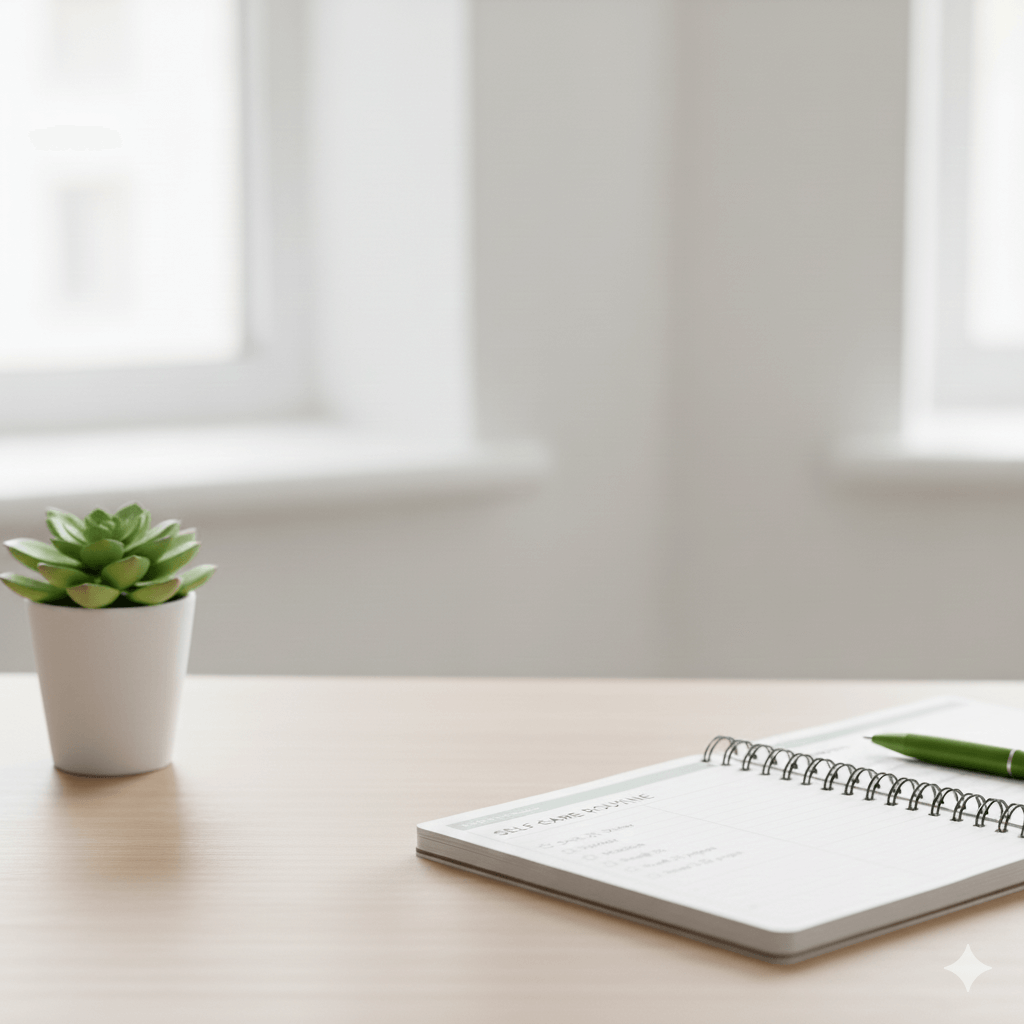 Succulent plant in white pot and spiral notebook with green pen on wooden desk near windows.
