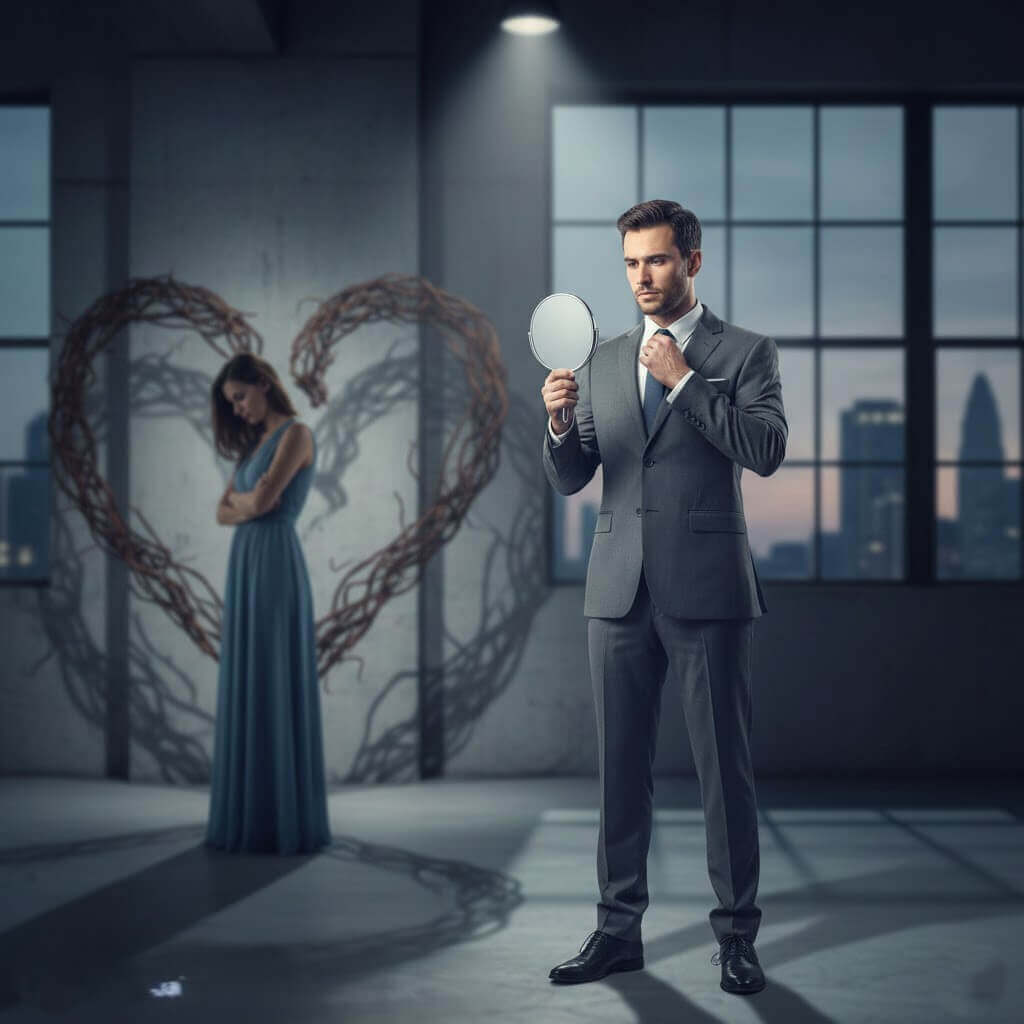 Man in suit adjusting tie while holding a mirror, woman in blue dress stands with arms crossed inside heart-shaped vine frame behind him