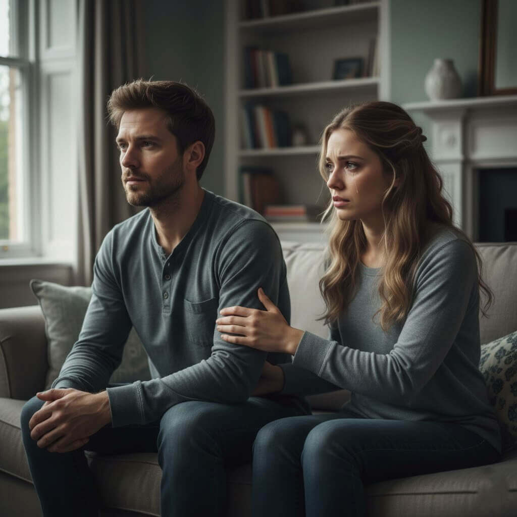 Woman with tears comforting a distant man sitting on a couch in a living room.