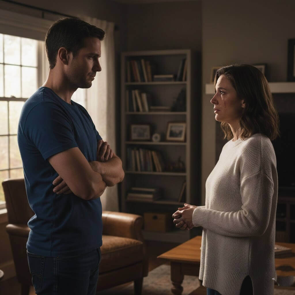 Man in blue shirt with arms crossed facing woman in white sweater with tear on her cheek in living room