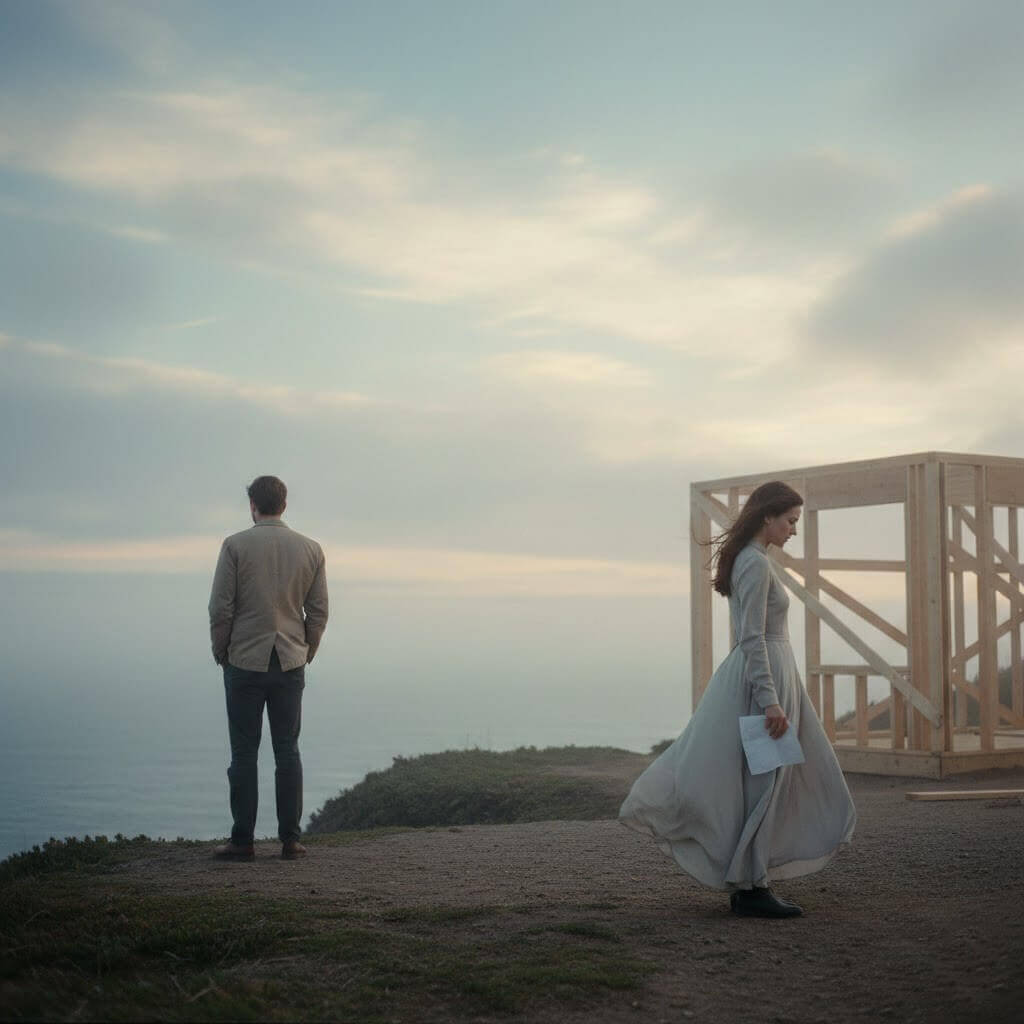 Man and woman standing apart near a wooden frame structure on a cliff at sunset, woman holding a paper.