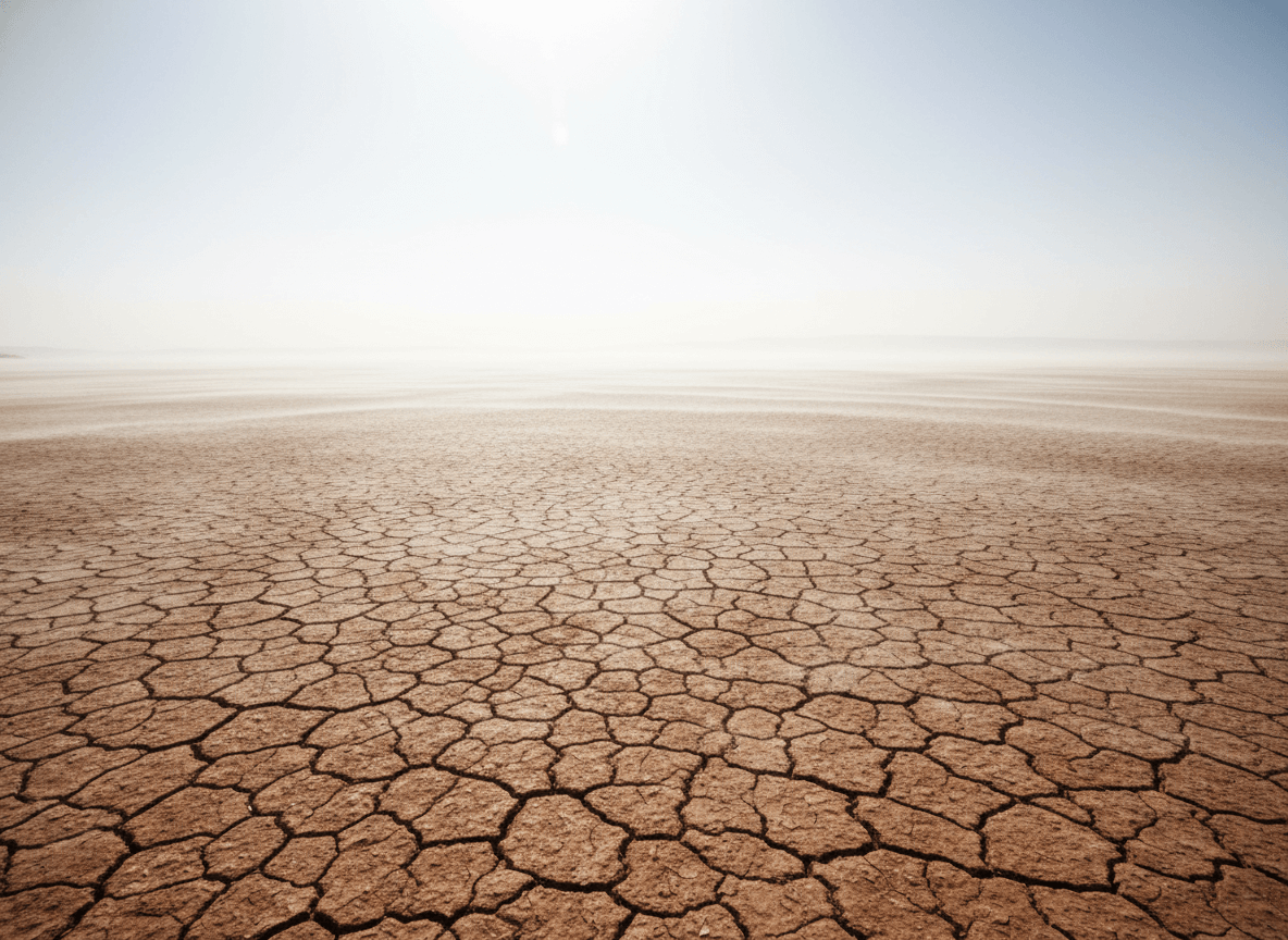 Cracked dry desert ground under a clear sky extending to the horizon.
