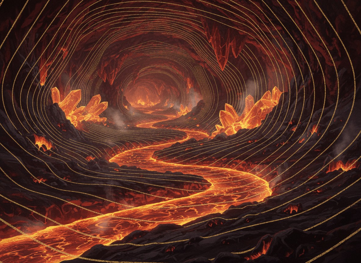Glowing lava river flowing through a dark volcanic cave with orange crystals and golden contour lines.