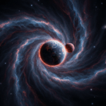 Earth and a smaller red planet surrounded by glowing spiral nebula clouds in space.