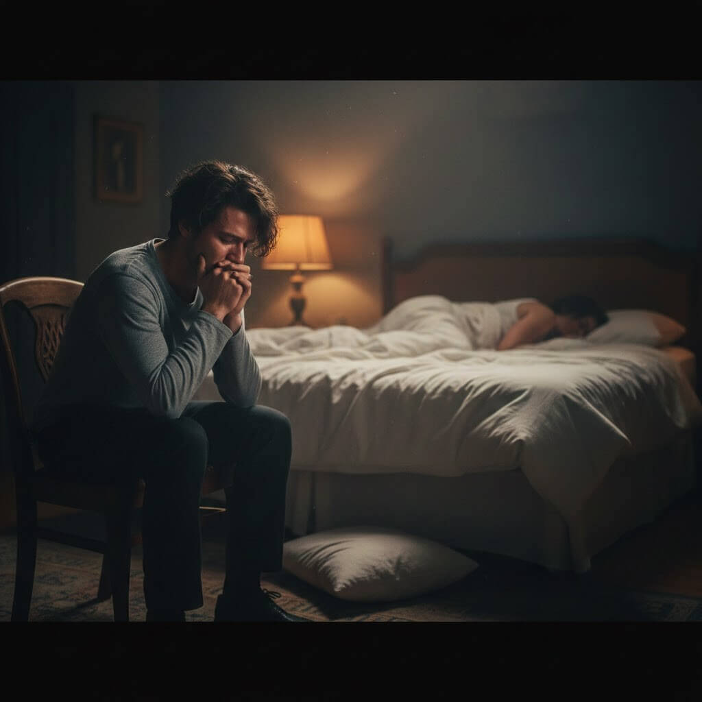 Man sitting on a chair with hands clasped, looking distressed, while a woman sleeps on a bed in a dimly lit room.