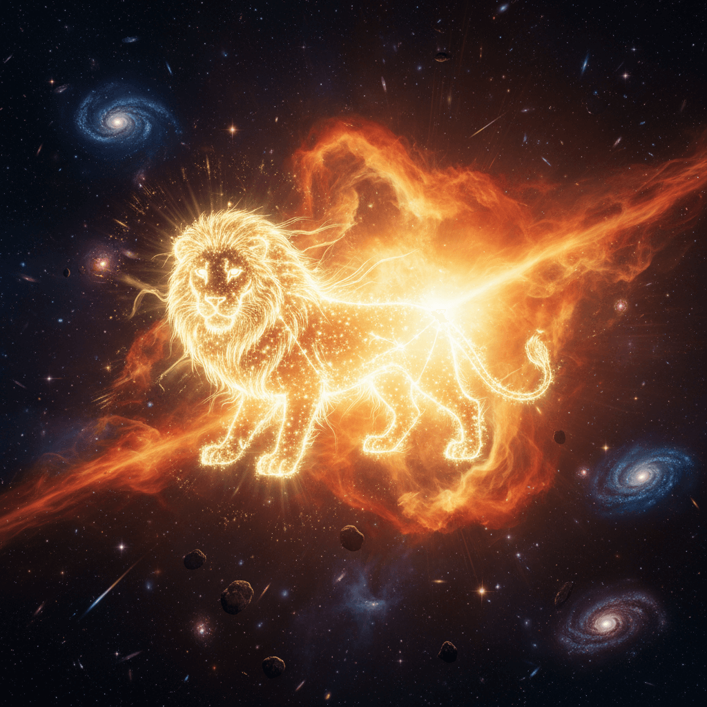 Glowing fiery lion constellation with cosmic background of galaxies and asteroids in outer space