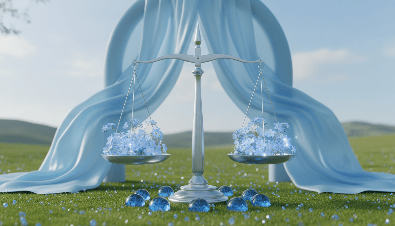 Silver balance scale holding blue forget-me-not flowers with blue fabric and glass marbles on grass outdoors