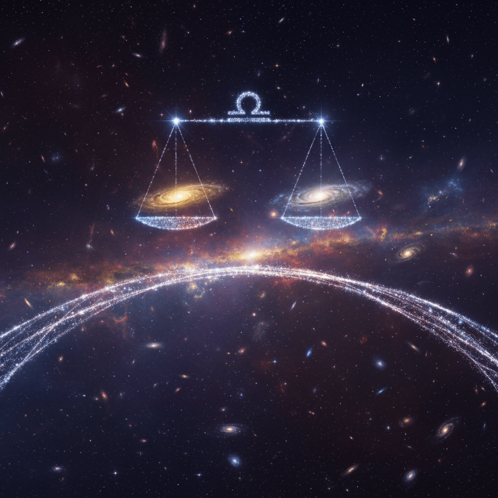 Cosmic scales with galaxies balanced and the Libra zodiac symbol in a starry universe background.