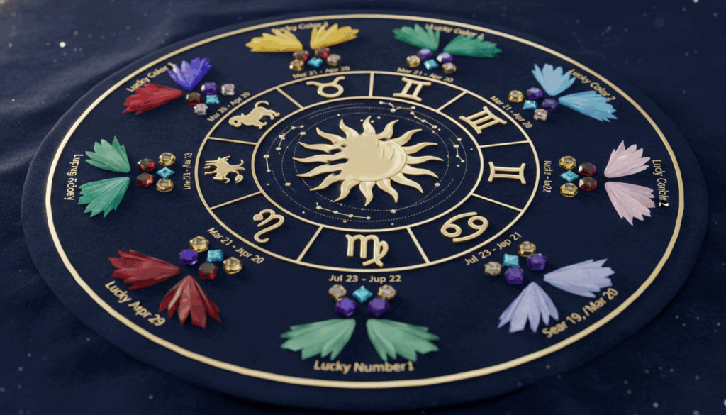 Zodiac wheel with gold sun center, astrological symbols, and colorful lucky colors and numbers on a dark blue background.