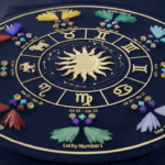 Zodiac wheel with gold sun center, astrological symbols, and colorful lucky colors and numbers on a dark blue background.
