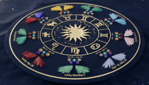 Zodiac wheel with gold sun center, astrological symbols, and colorful lucky colors and numbers on a dark blue background.