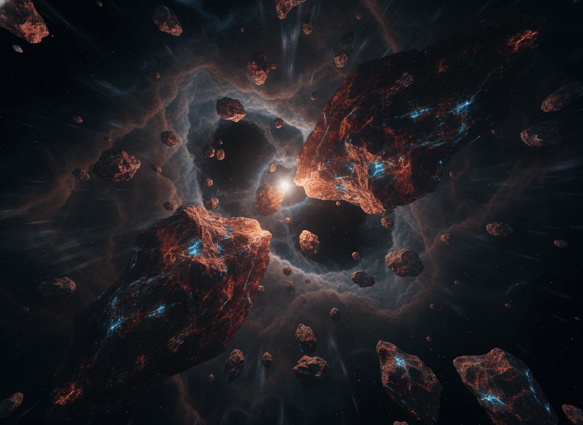 Asteroids with glowing blue and orange veins floating in space near a bright star and swirling cosmic clouds.