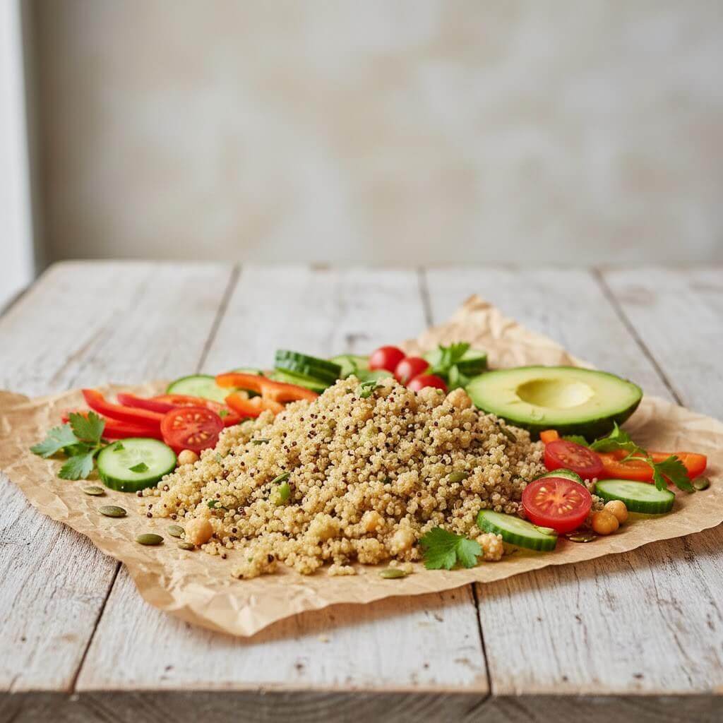 Quinoa salad with cherry tomatoes, cucumber slices, avocado half, red bell pepper, chickpeas, and parsley on brown paper.