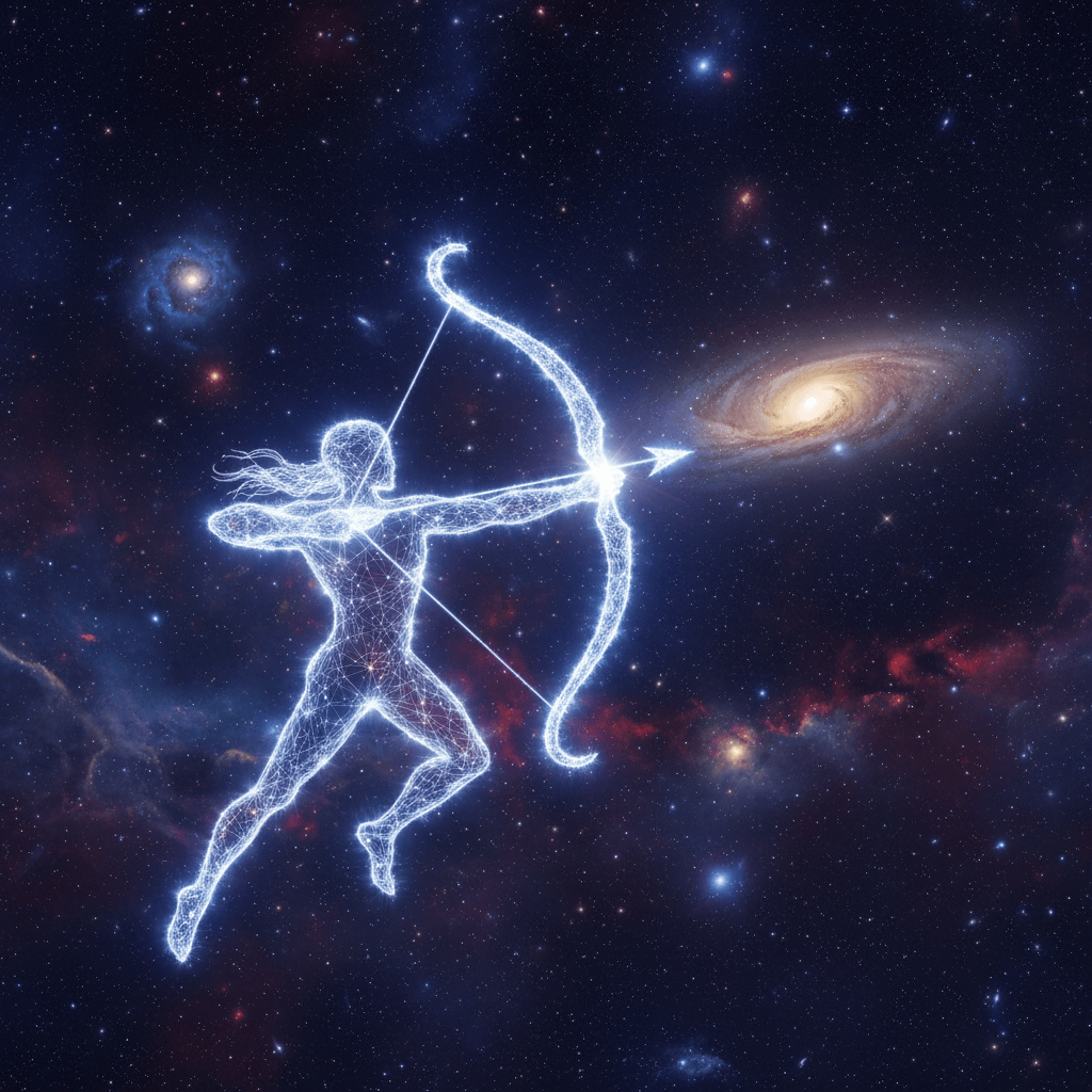 Glowing digital figure of an archer aiming a bow and arrow at a distant galaxy in outer space.