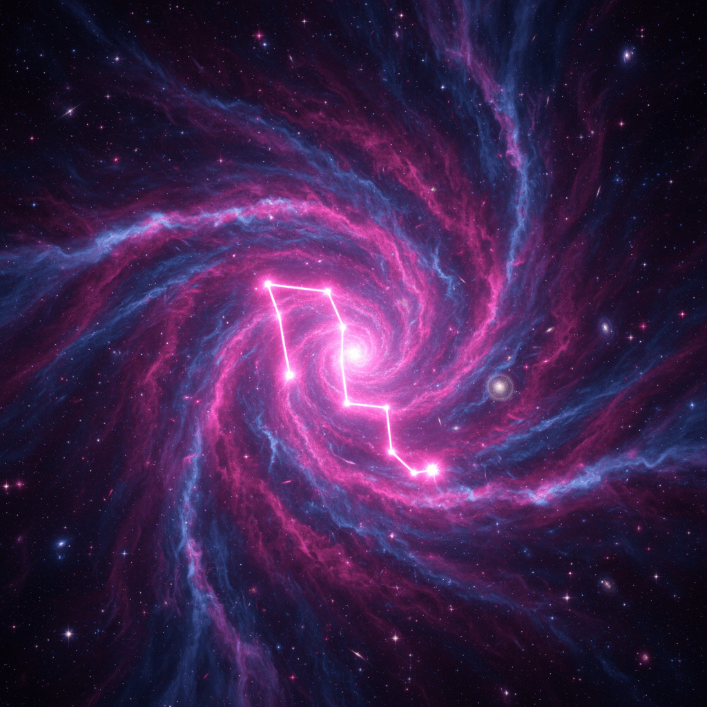 Spiral galaxy with glowing pink and blue arms and a bright constellation outlined in the center
