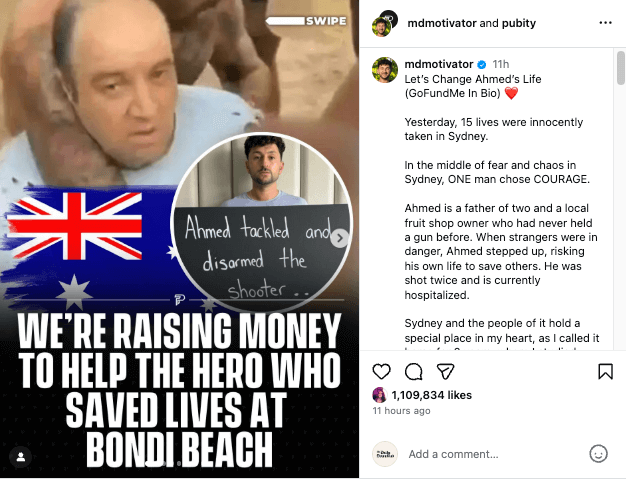 Man tackling shooter at Bondi Beach with Australian flag and text about raising money for hero Ahmed.