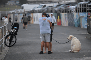 Two people hugging on a paved path with a sitting yellow Labrador on a leash nearby and a bicycle parked against a railing