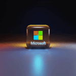 3D glowing Microsoft logo cube on a reflective surface with dark background.