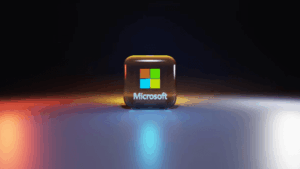 3D glowing Microsoft logo cube on a reflective surface with dark background.