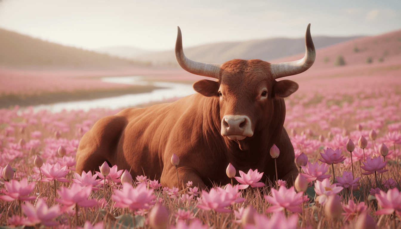 Brown bull with large horns lying in a field of pink lotus flowers near a winding river at sunset