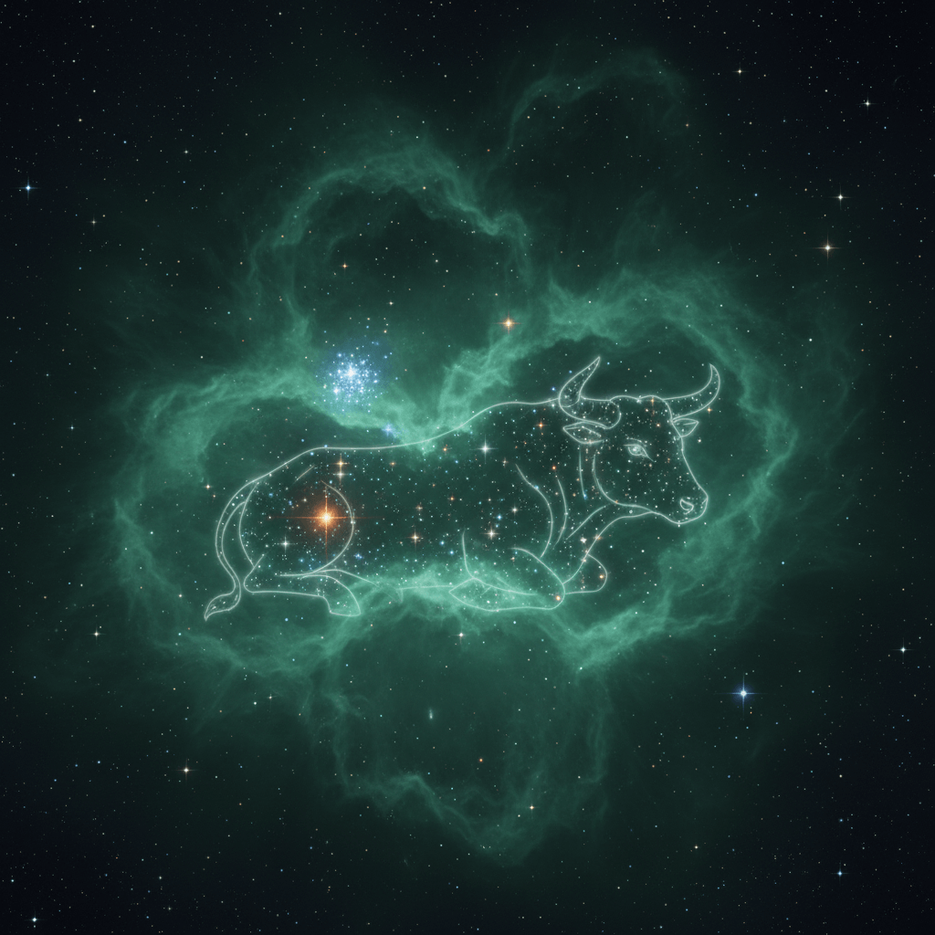 Taurus constellation outlined within a green nebula against a starry night sky.
