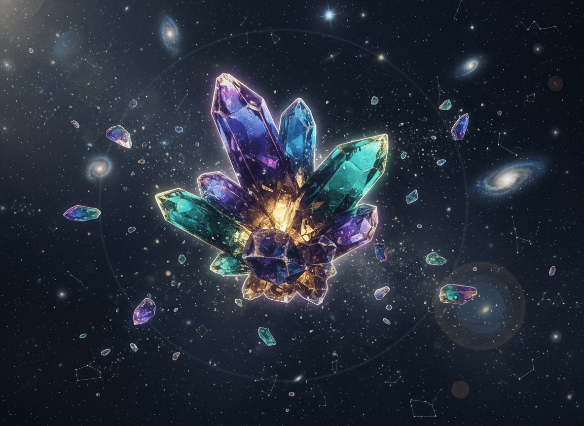 Glowing multicolored crystal cluster floating in space with galaxies and constellations in the background.