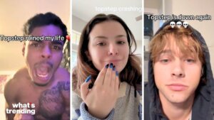 Three TikTok users reacting to Topstep platform issues with captions about crashes and downtime.