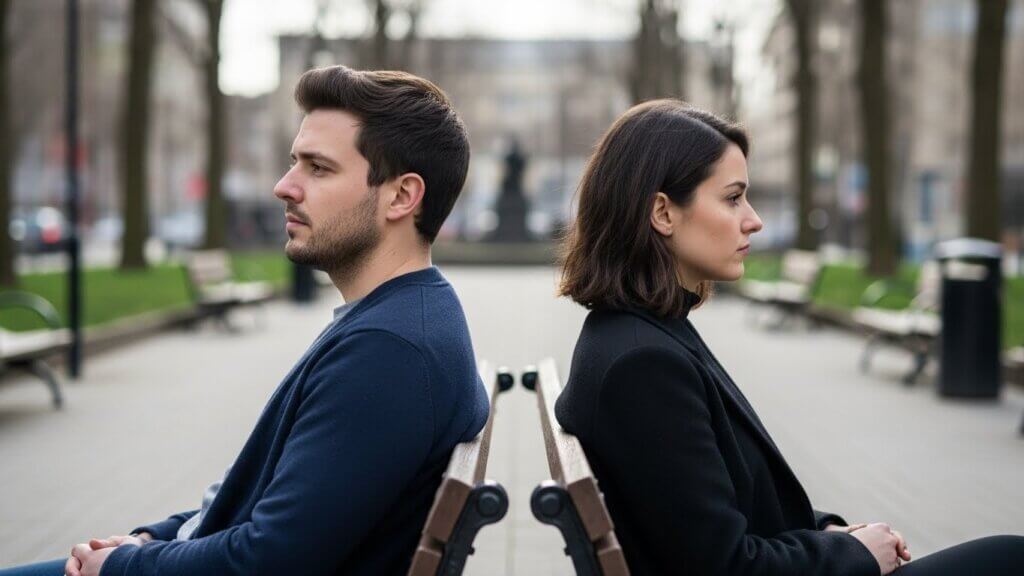 Man and woman sitting back-to-back on a park bench, both looking away with serious expressions.