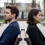 Man and woman sitting back-to-back on a park bench, both looking away with serious expressions.