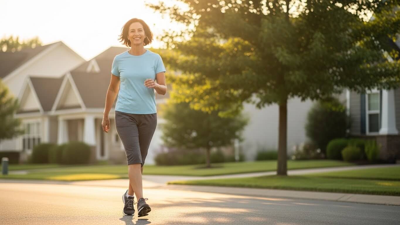 Woman in blue shirt and gray pants walking on a suburban street at sunset