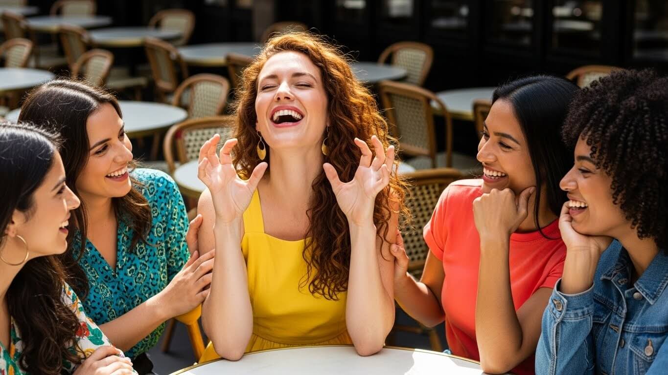 Group of five diverse women laughing and enjoying conversation at an outdoor café table