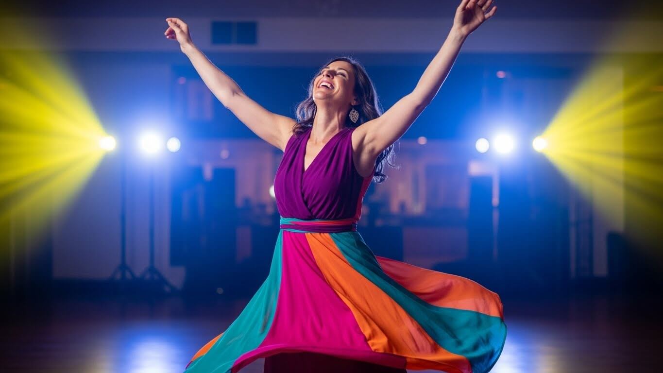 Woman joyfully dancing in a colorful purple, orange, and teal dress with stage lights in the background
