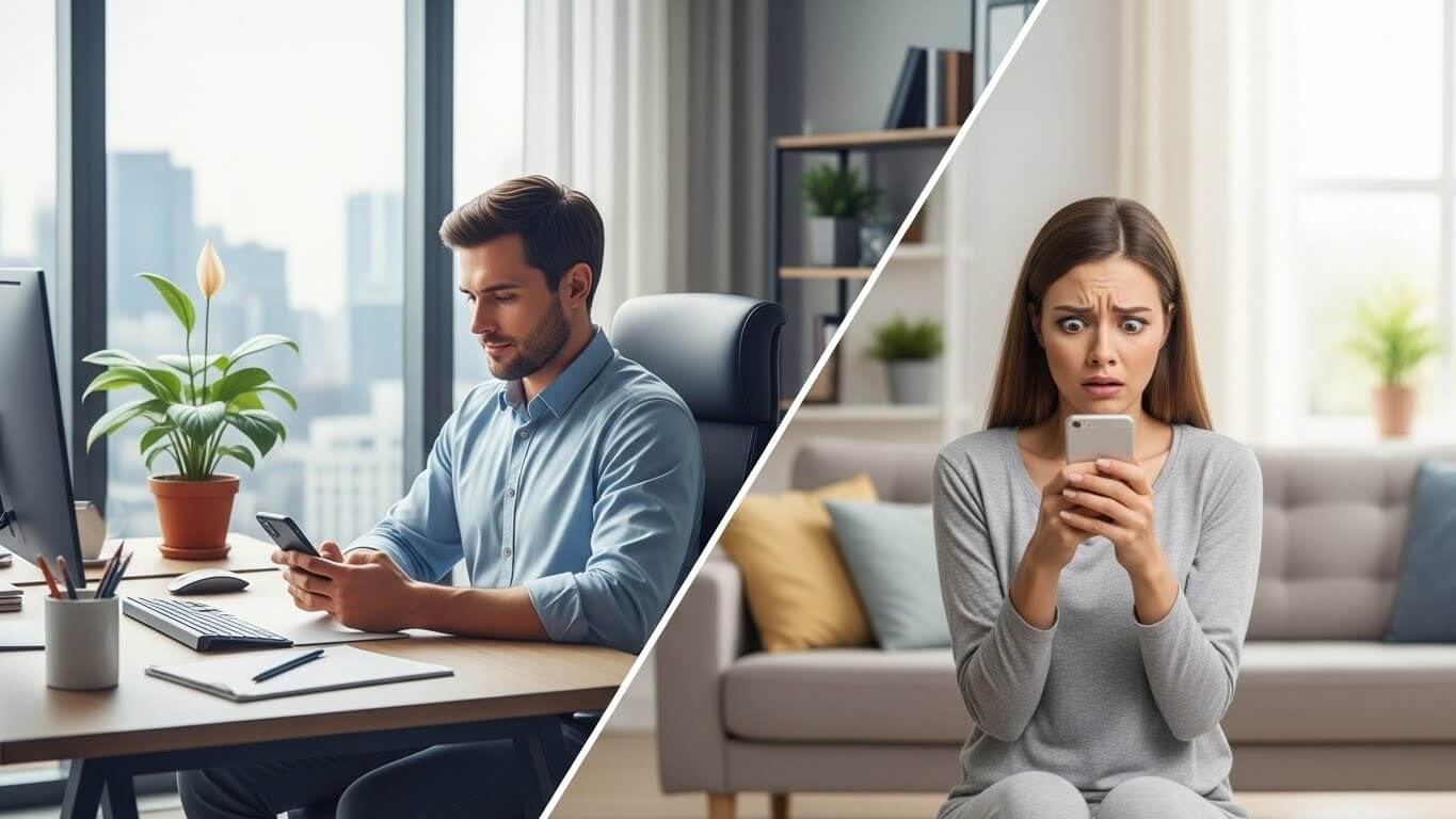 Man in blue shirt smiling at phone in office; woman in gray sweater looking shocked at phone on couch at home