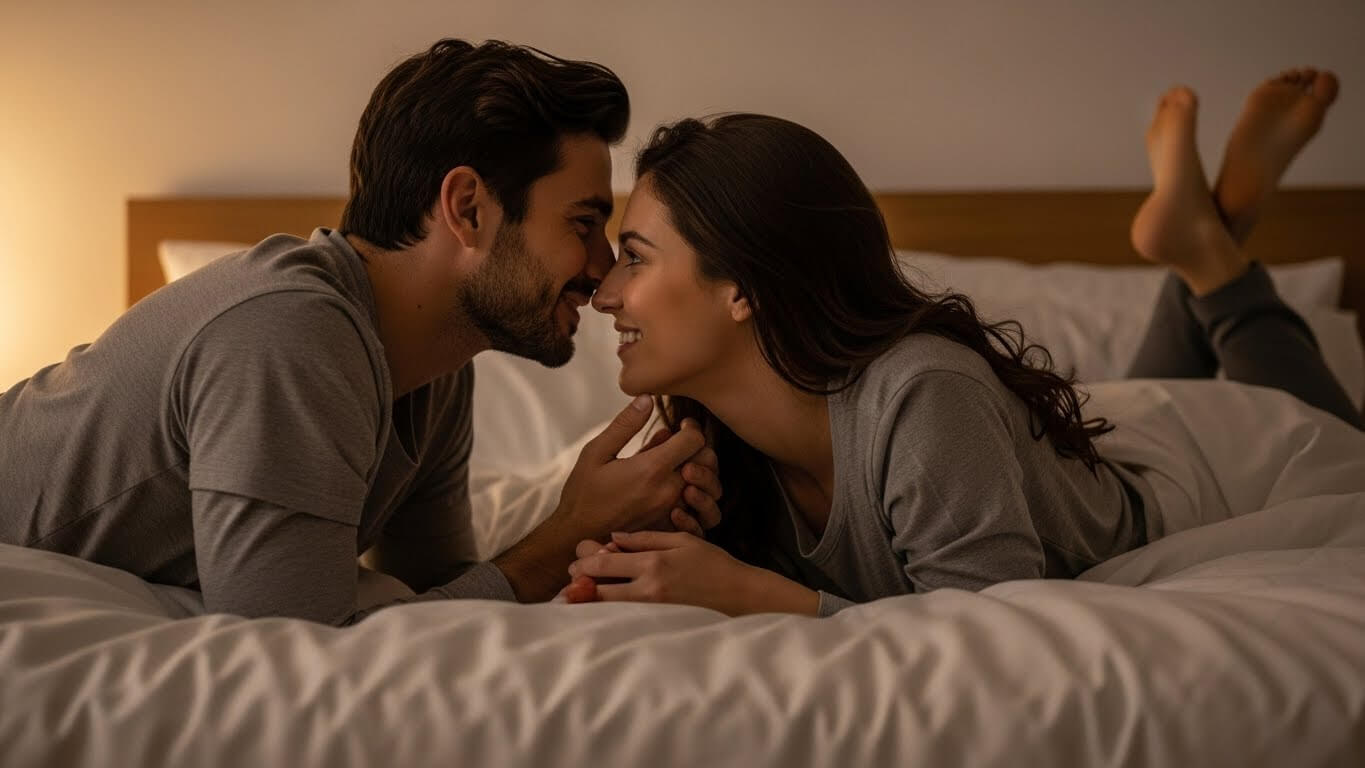 Couple lying on bed facing each other, smiling and holding hands in a cozy bedroom setting.