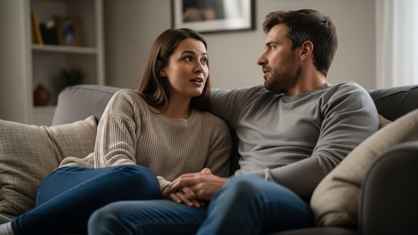 Couple sitting on a couch holding hands and having a conversation in a living room.