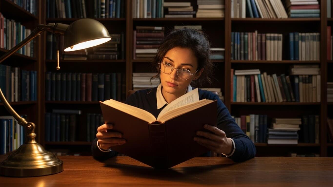 Woman with glasses reading a large book under a desk lamp in a library with bookshelves behind her