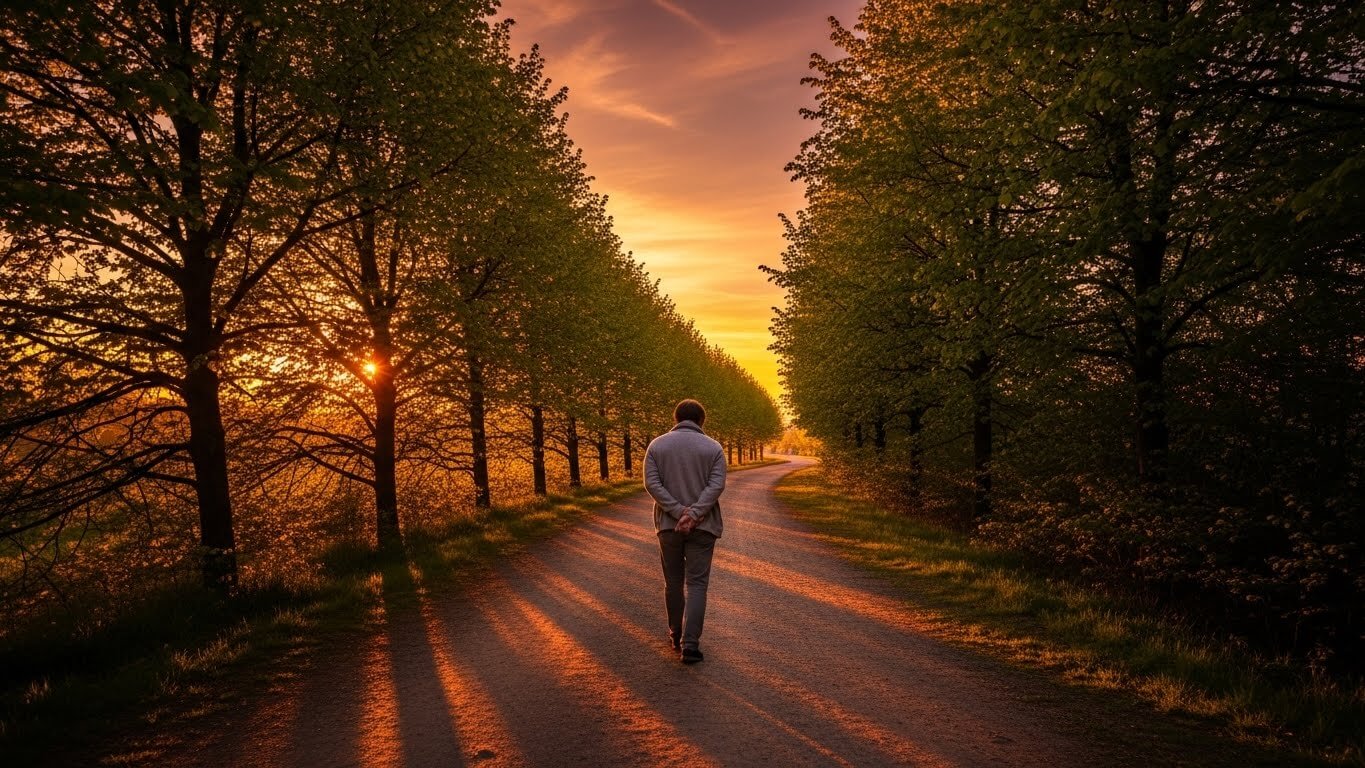 Person walking on tree-lined path at sunset with long shadows and orange sky
