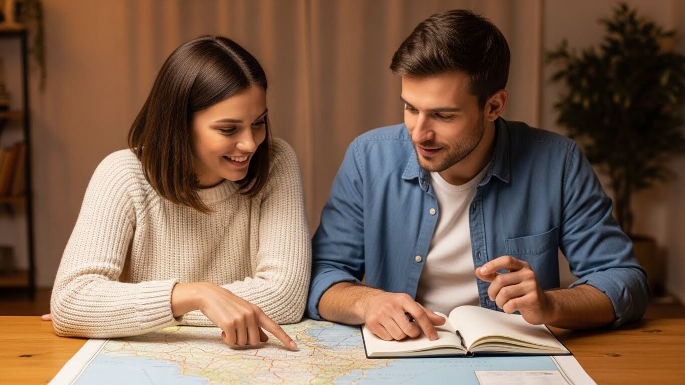 Couple planning a trip using a map and notebook at a wooden table indoors