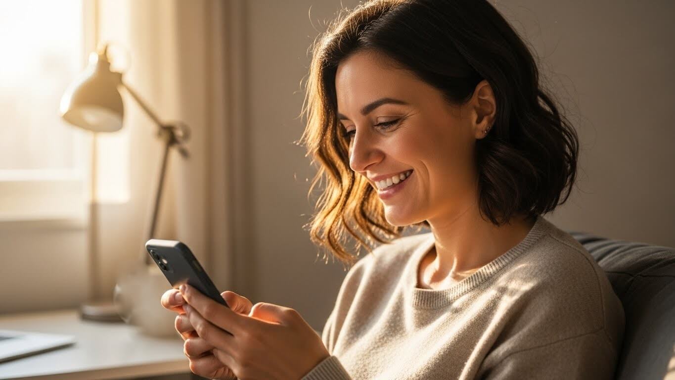 Smiling woman in beige sweater using smartphone indoors with warm sunlight and desk lamp in background.