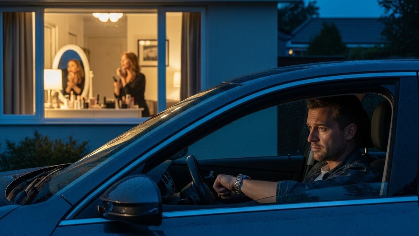 Man sitting in car at night looking at his watch while woman applies makeup inside house through window