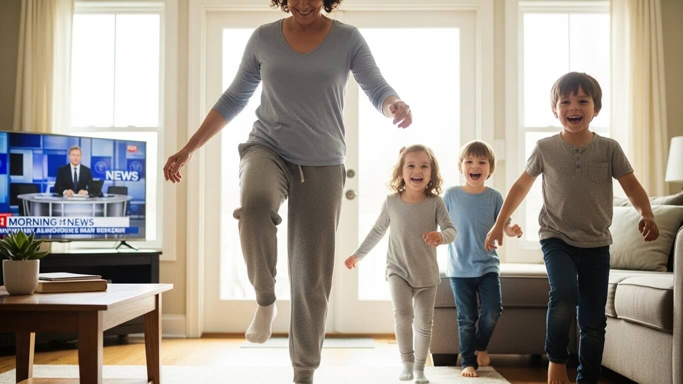 Woman and three children joyfully running indoors in casual clothes with a TV showing morning news in the background.