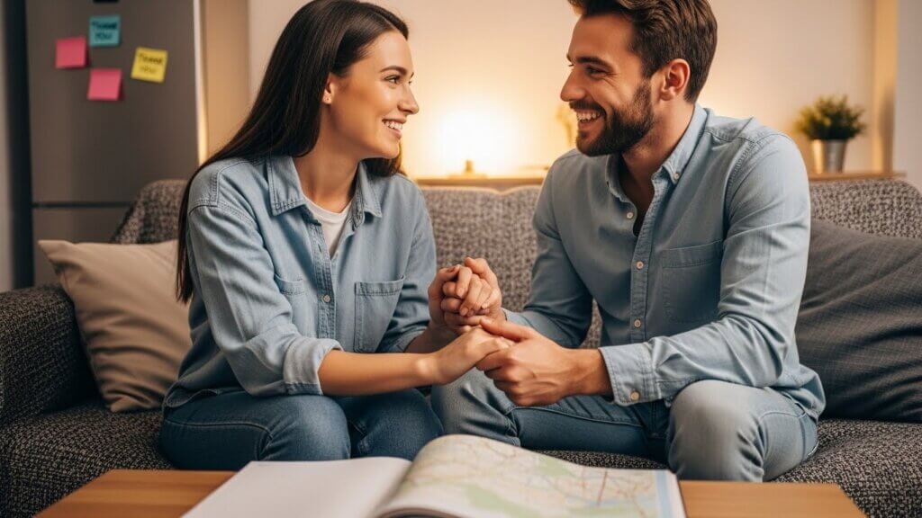 Couple sitting on a couch holding hands and smiling at each other with a map on the table in front of them