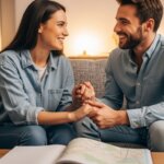 Couple sitting on a couch holding hands and smiling at each other with a map on the table in front of them