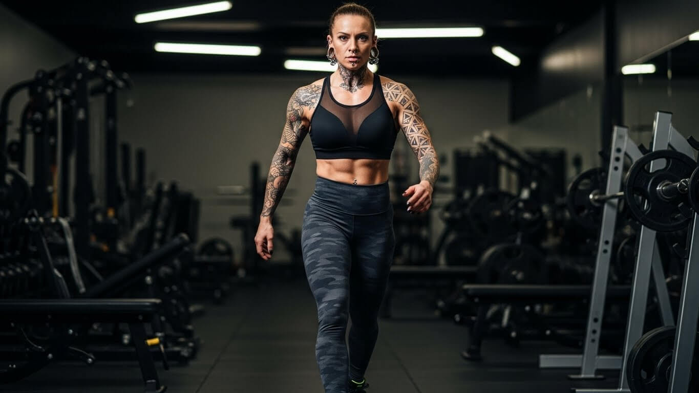 Tattooed woman in black sports bra and camo leggings walking confidently in a gym.