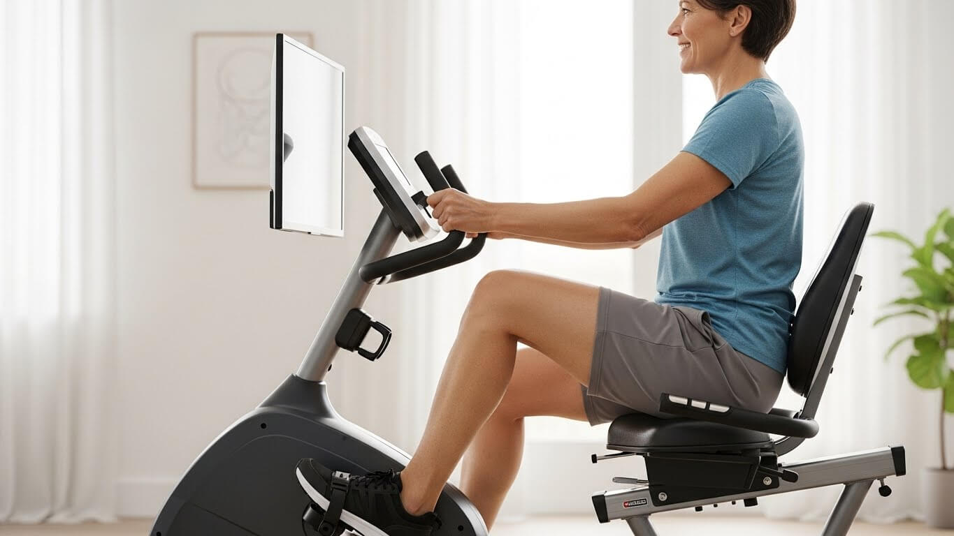 Woman in blue shirt and gray shorts exercising on a recumbent stationary bike with a screen in a bright room