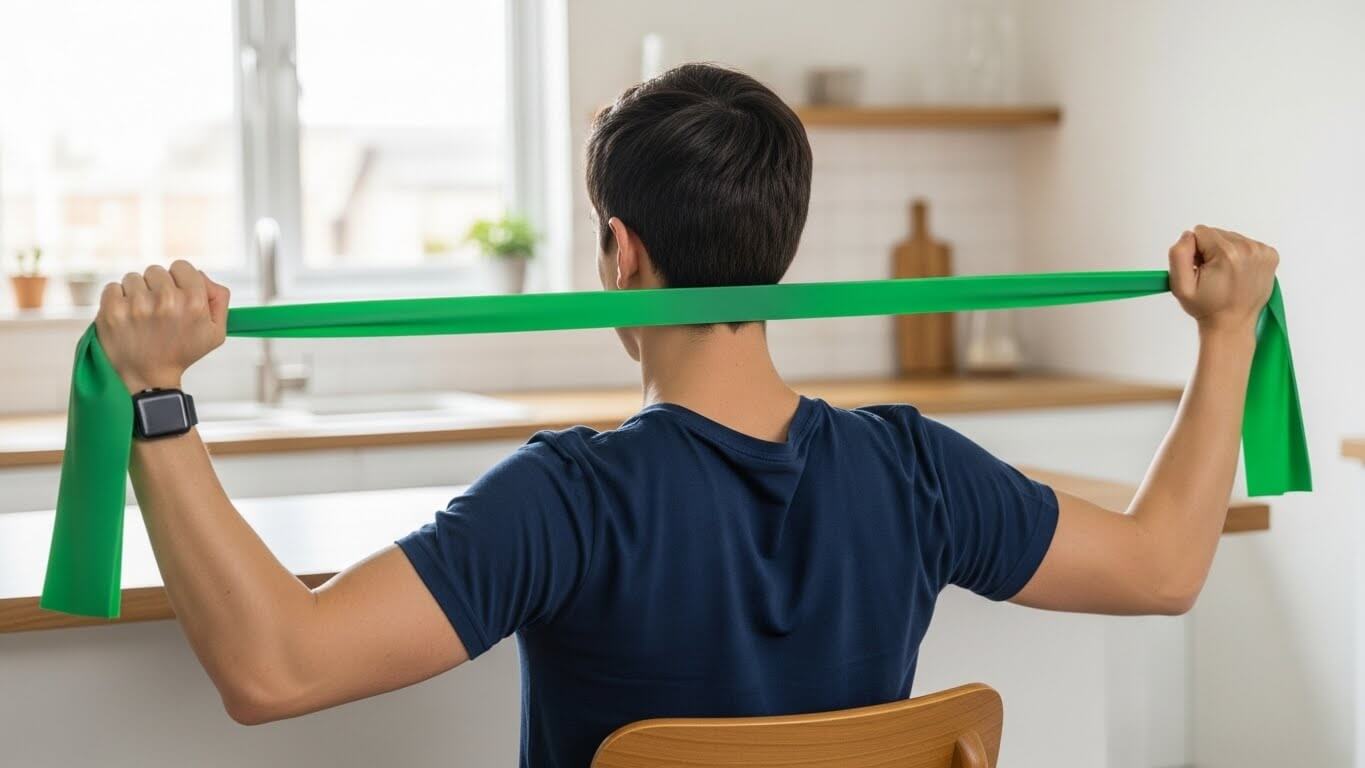 Person in navy shirt stretching with a green resistance band in a bright kitchen setting.