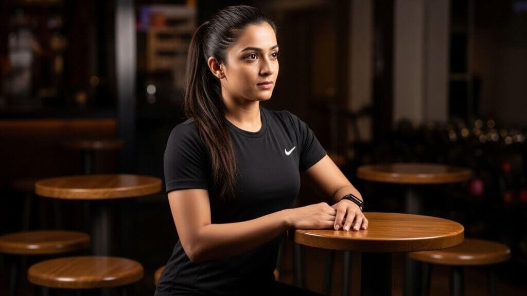 Woman in a black Nike shirt sitting at a wooden table in a dimly lit room