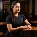 Woman in a black Nike shirt sitting at a wooden table in a dimly lit room