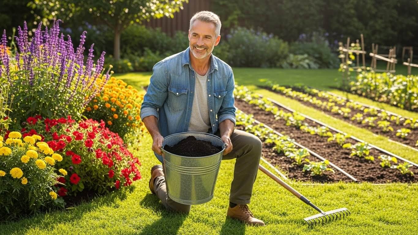 Smiling man kneeling in garden holding a metal bucket filled with soil near colorful flowers and vegetable rows