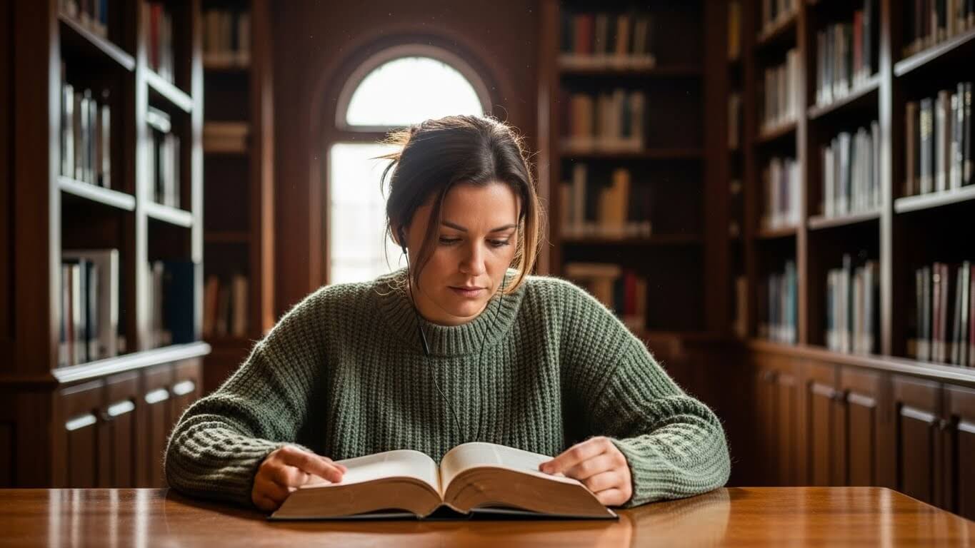 Woman in green sweater reading a book in a wood-paneled library with arched window background